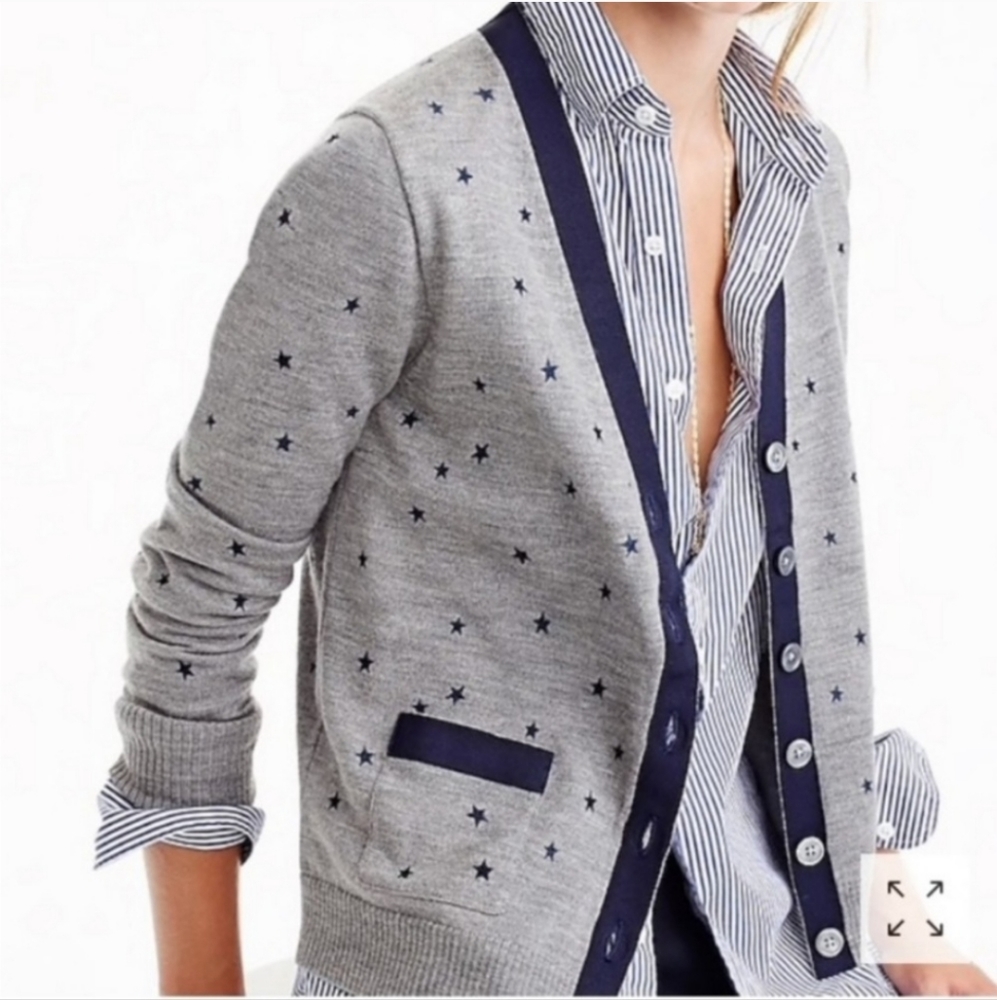 J Crew Harlow merino wool blend star embroidered pocketed cardigan size M